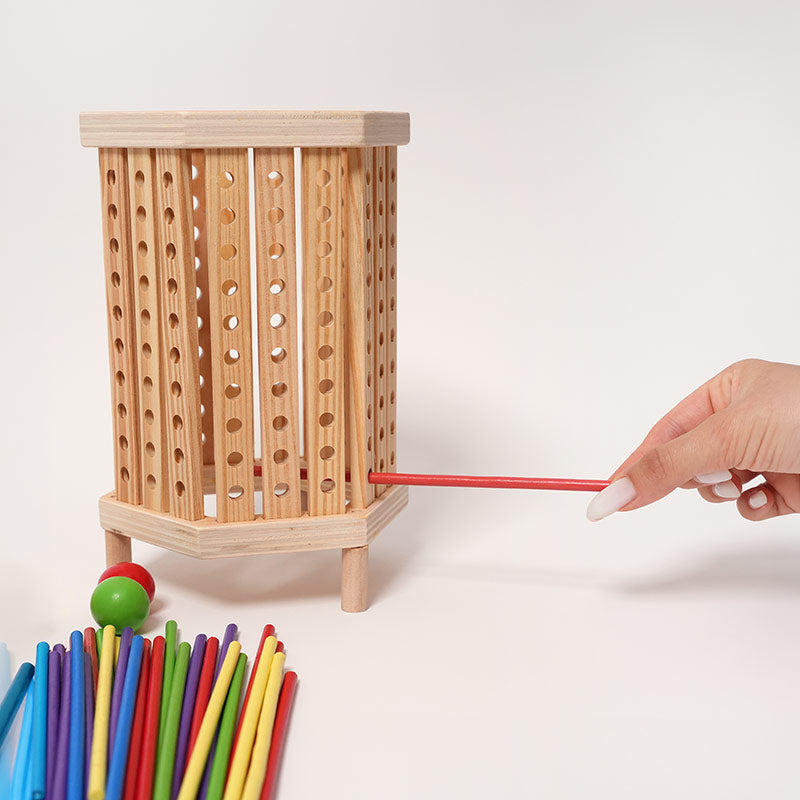 Wooden Ball Drop Game, Hexagonal Tower with Sticks and Dice