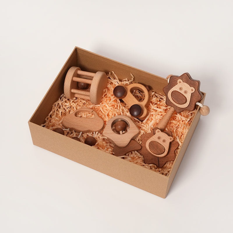 Wooden Baby Rattles Set with Lion, Car & Shapes for First Play
