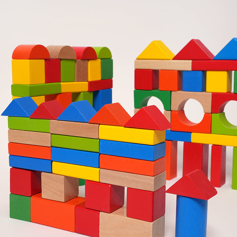 Wooden Building Blocks Set with 80 Colorful Pieces