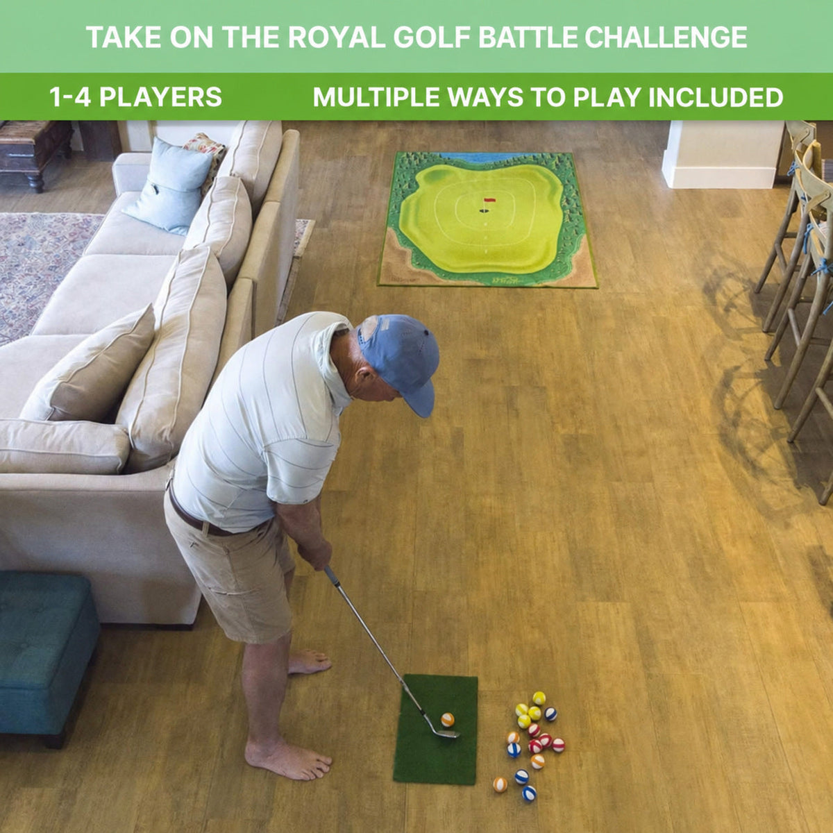 Indoor Golf Mat Game with Obstacles and Scoring Zones