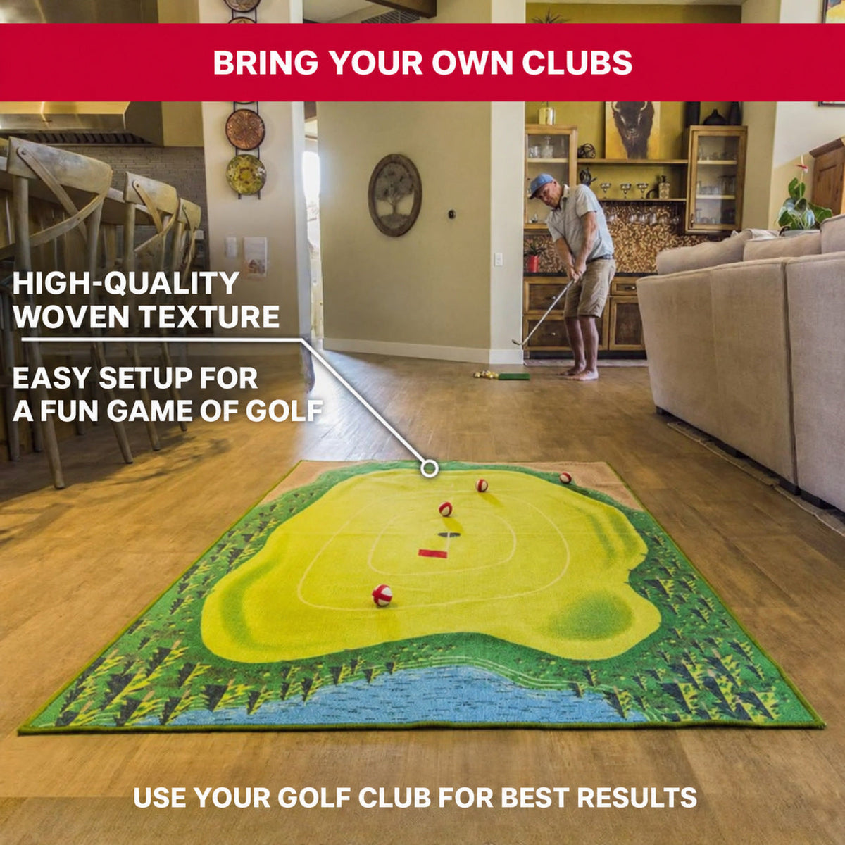 Indoor Golf Mat Game with Obstacles and Scoring Zones