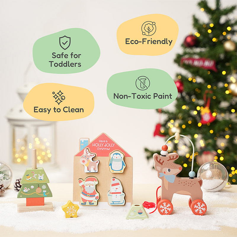 Wooden Christmas Toy Set with Tree, Reindeer & Figurines