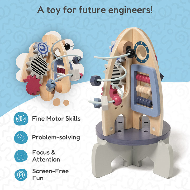 Wooden Activity Rocket with Gears, Maze & Bead Counters