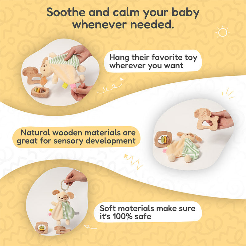 Baby Comfort Toy with Plush Dog, Rattle and Wooden Teether