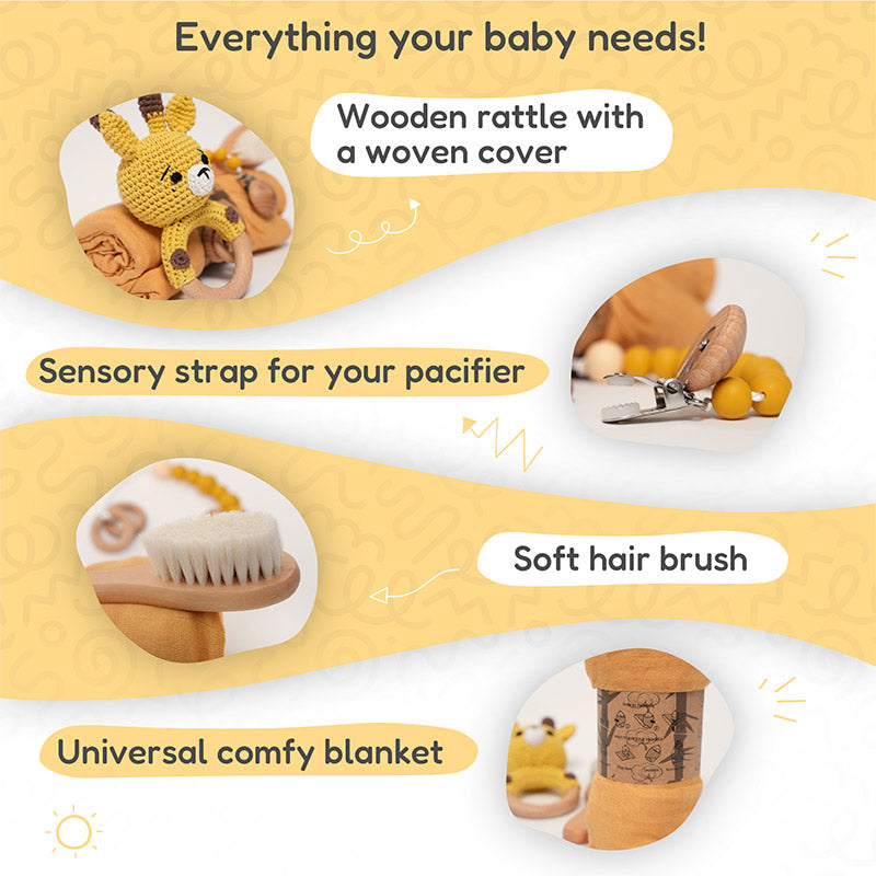 Baby Shower Gift Set with Natural Wooden Toys and Blanket