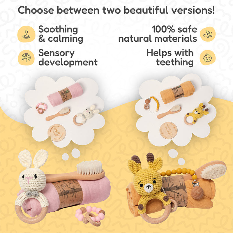 Baby Shower Gift Set with Natural Wooden Toys and Blanket