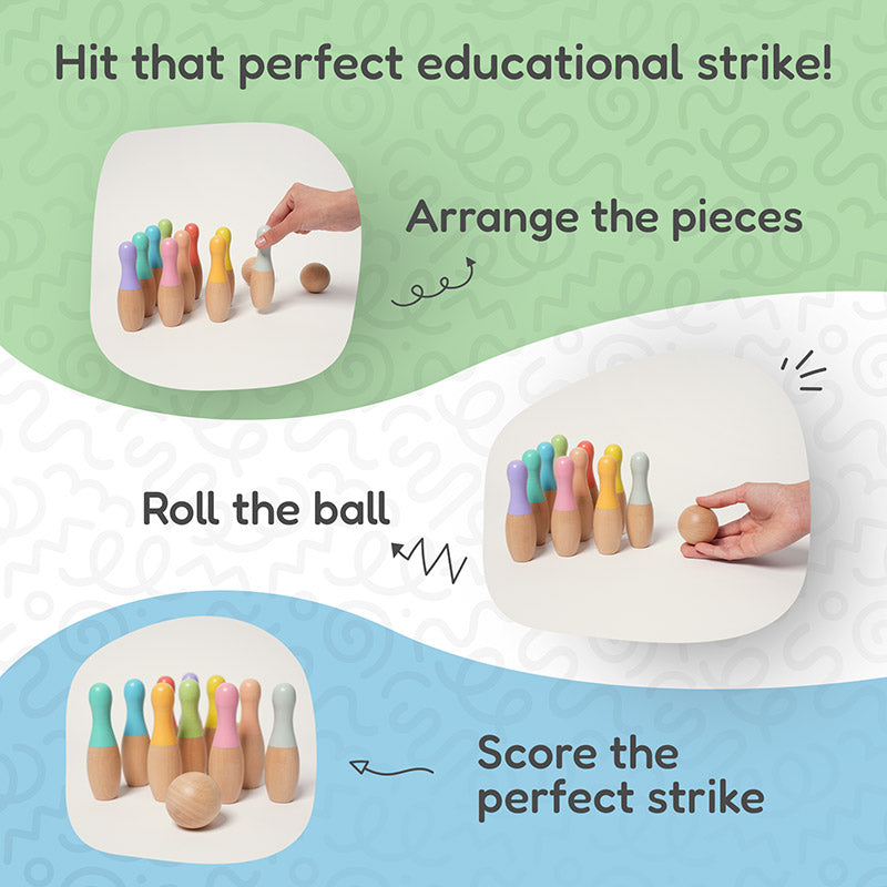 Wooden Bowling Set with 10 Colorful Pins and Carry Bag