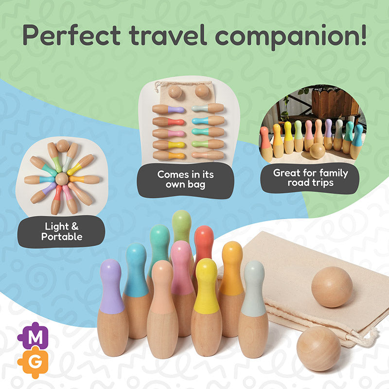 Wooden Bowling Set with 10 Colorful Pins and Carry Bag