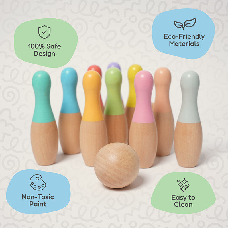 Wooden Bowling Set with 10 Colorful Pins and Carry Bag