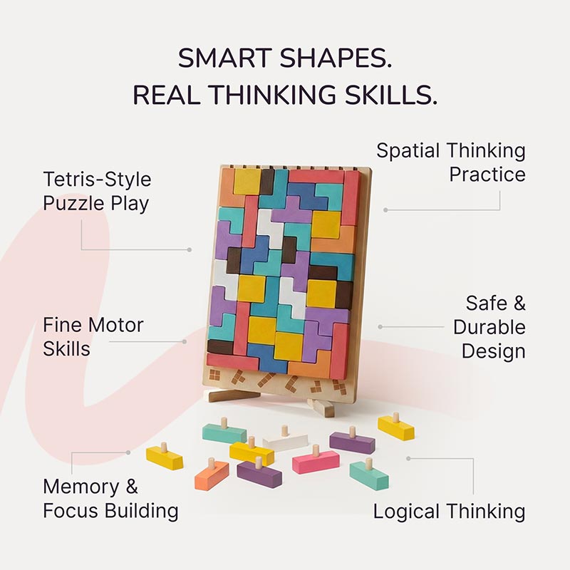 Tetris Puzzle Game with Wooden Board and Challenge Cards