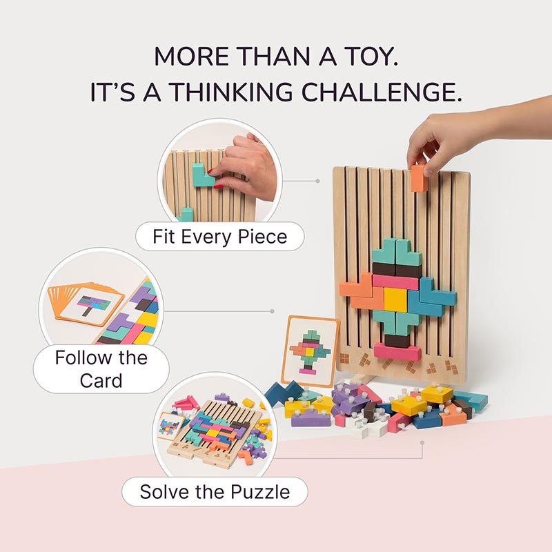 Tetris Puzzle Game with Wooden Board and Challenge Cards