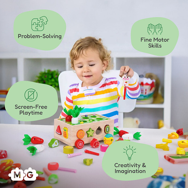 Wooden Shape Sorter Cart with Magnetic Worms and Vegetables