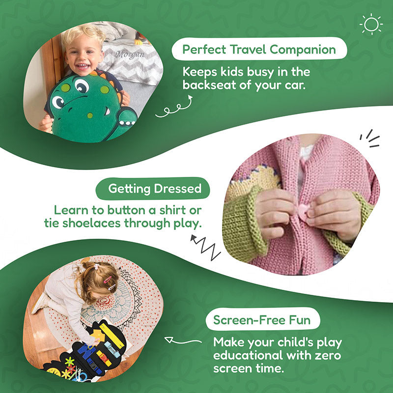 Dinosaur Busy Board with Buckles, Zippers and Laces