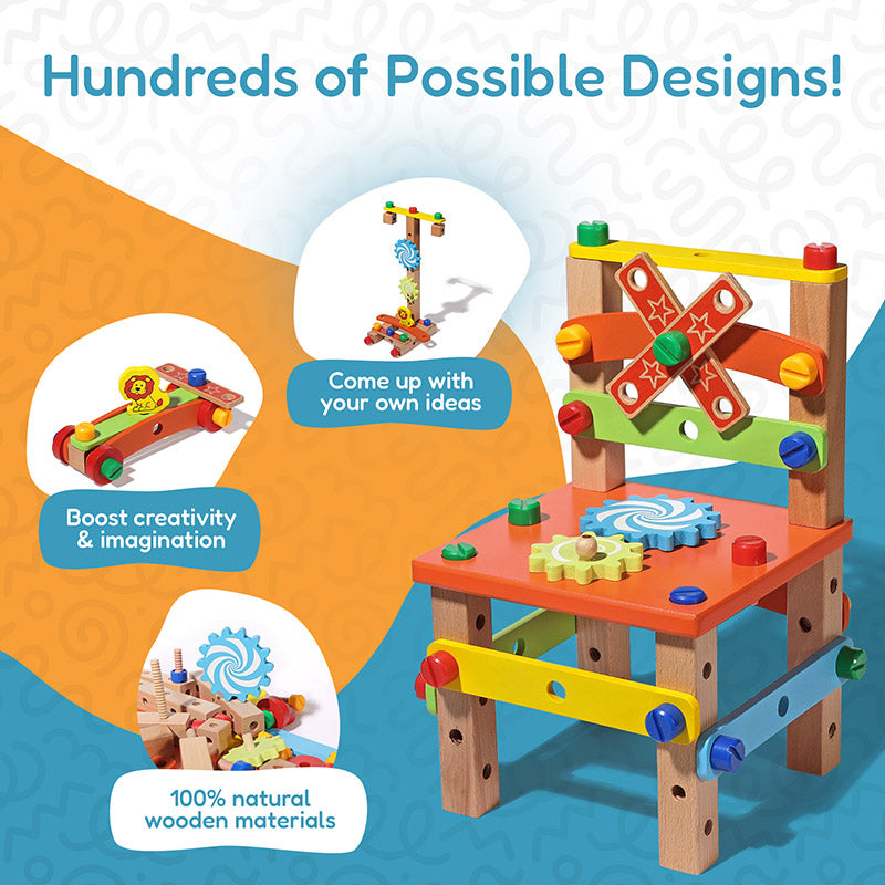 Wooden Construction Toy Chair with Tools and Screws