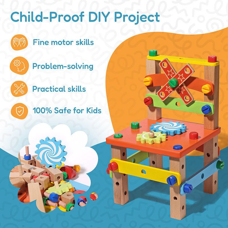 Wooden Construction Toy Chair with Tools and Screws