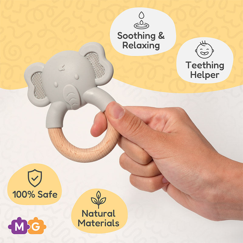 Baby Teething Toy with Wood Ring and Silicone Elephant