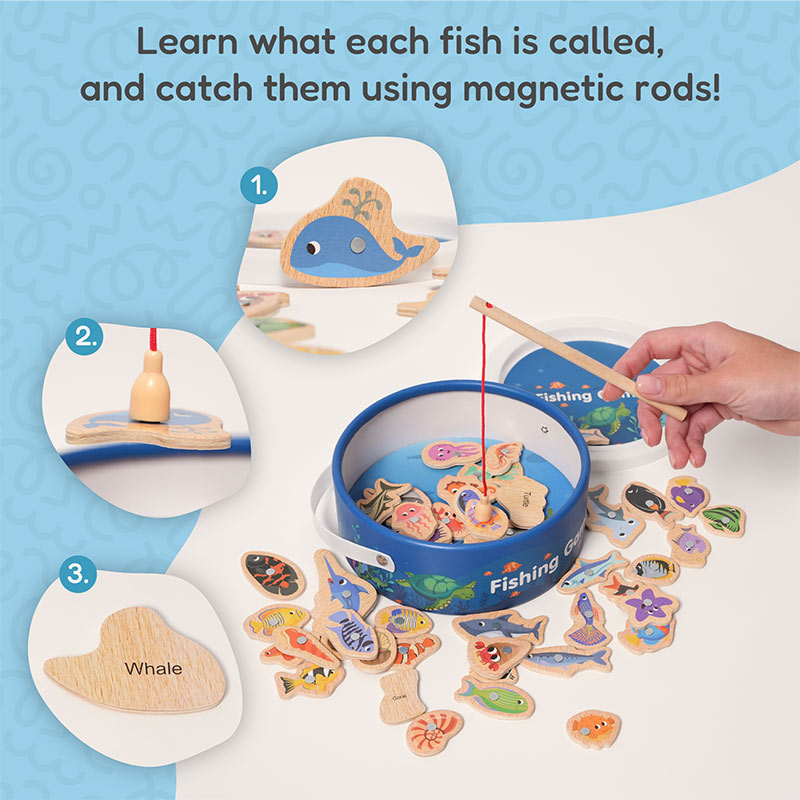 Magnetic Fishing Game with 51 Wooden Fish and 3 Rods