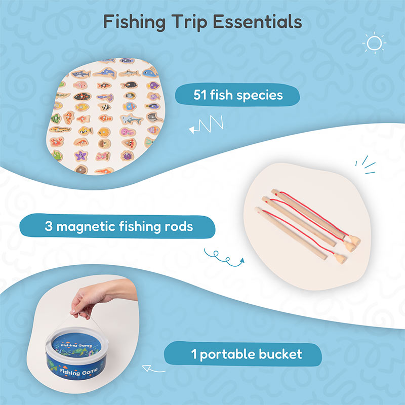 Magnetic Fishing Game with 51 Wooden Fish and 3 Rods