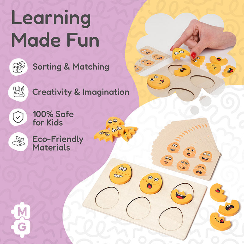 Emoji Wooden Puzzle with 12 Face Pieces and Pattern Cards