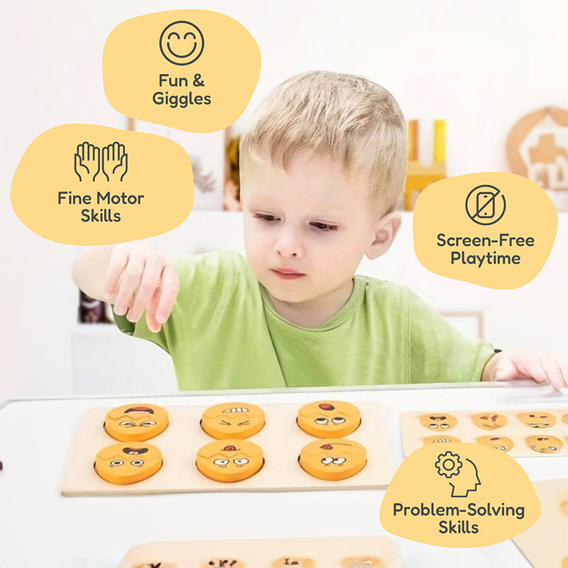 Emoji Wooden Puzzle with 12 Face Pieces and Pattern Cards