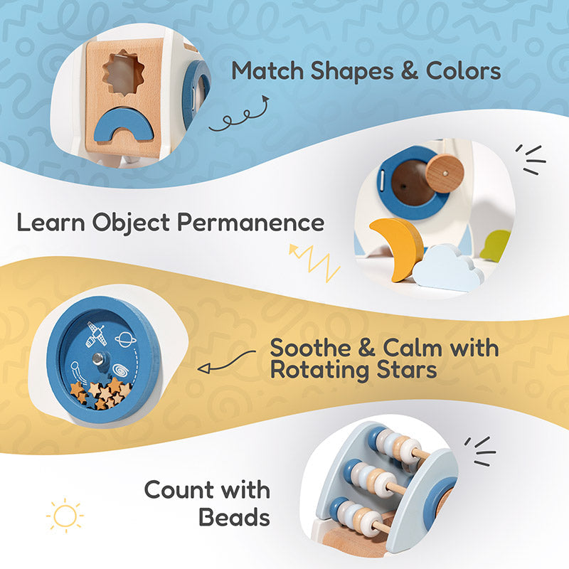 Wooden Rocket Toy with Shape Sorter and Counting Beads
