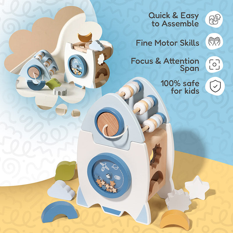 Wooden Rocket Toy with Shape Sorter and Counting Beads