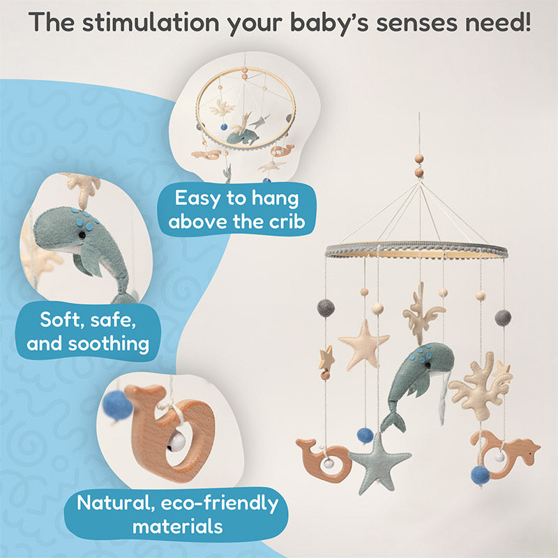 Baby Mobile Ocean Theme with Wooden Frame and Felt Sea Creatures