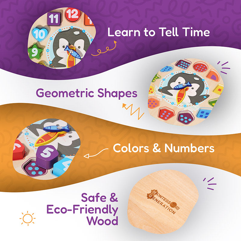 Wooden Clock Puzzle with Penguin and Shapes