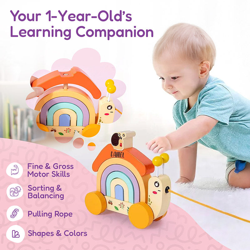 Wooden Pull Toy Snail with Stacking Rainbow Shell