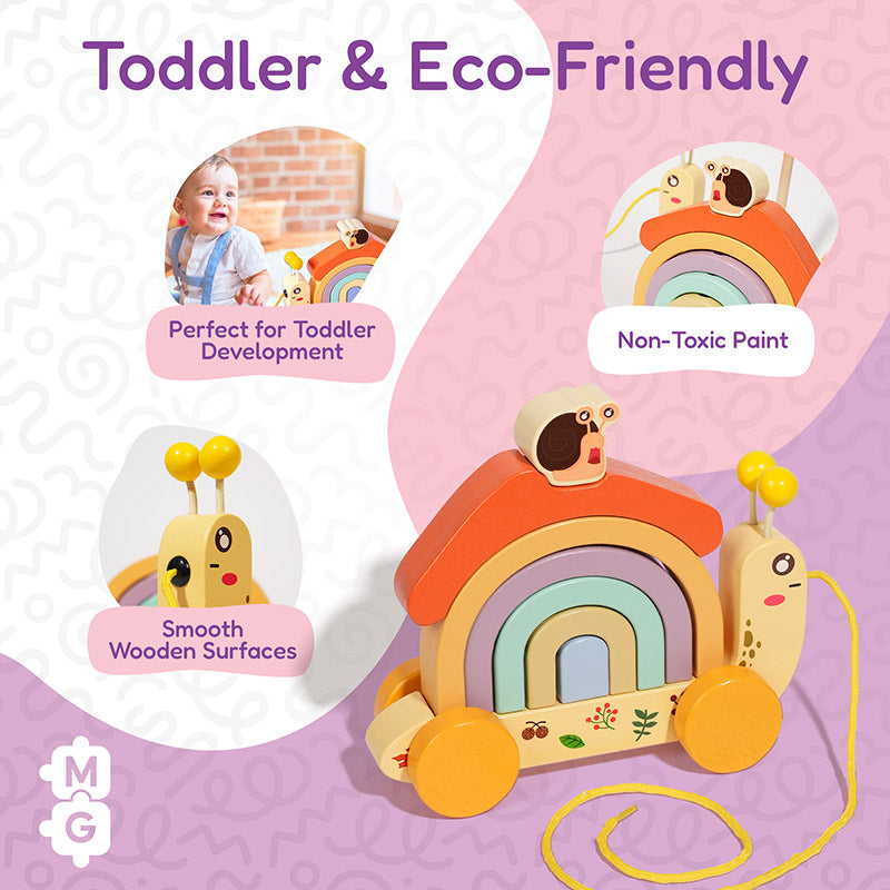 Wooden Pull Toy Snail with Stacking Rainbow Shell