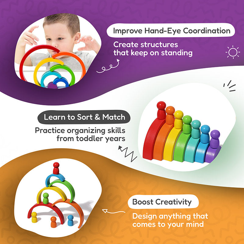 Wooden Rainbow Stacker, 7 Arches and 7 Figurines Set