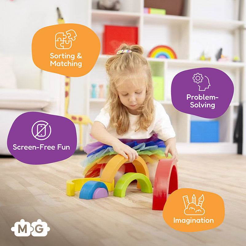 Wooden Rainbow Stacker, 7 Arches and 7 Figurines Set