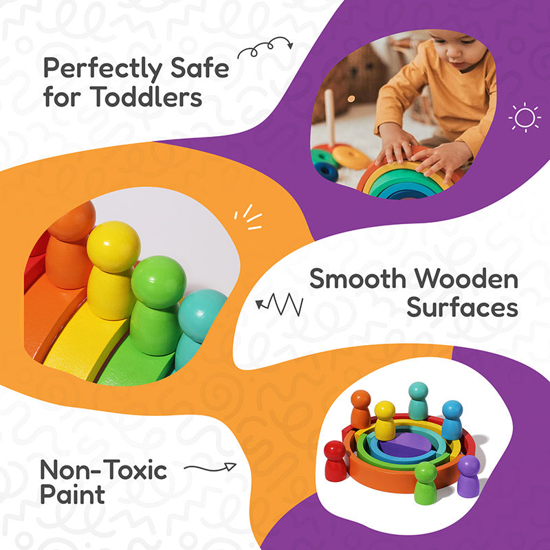 Wooden Rainbow Stacker, 7 Arches and 7 Figurines Set