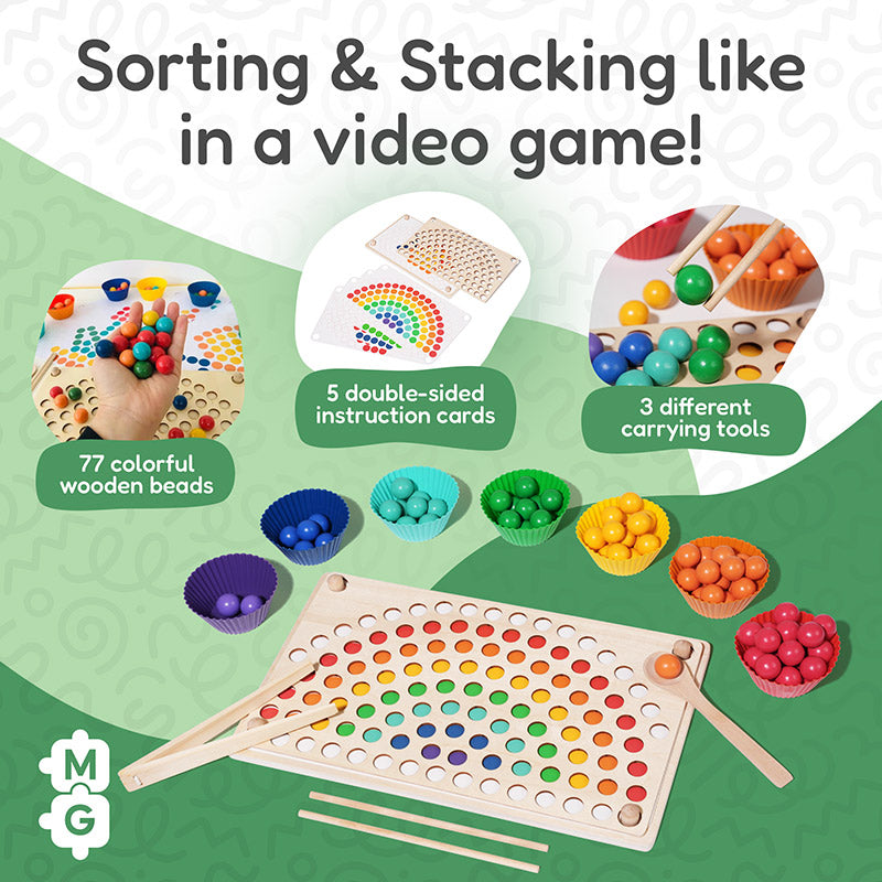 Rainbow Sorting Toy with Wooden Beads and Tweezers