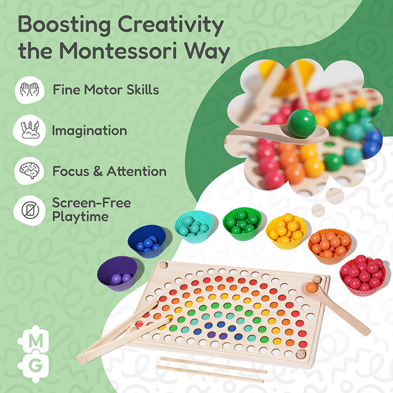 Rainbow Sorting Toy with Wooden Beads and Tweezers