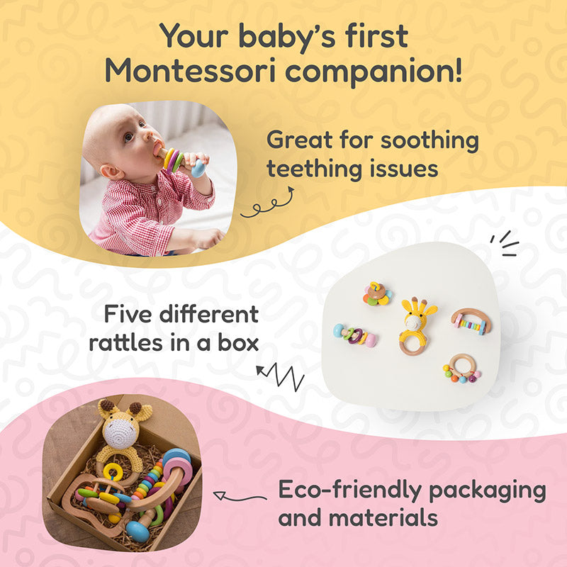 Wooden Baby Rattles Set with Crochet Giraffe Teether