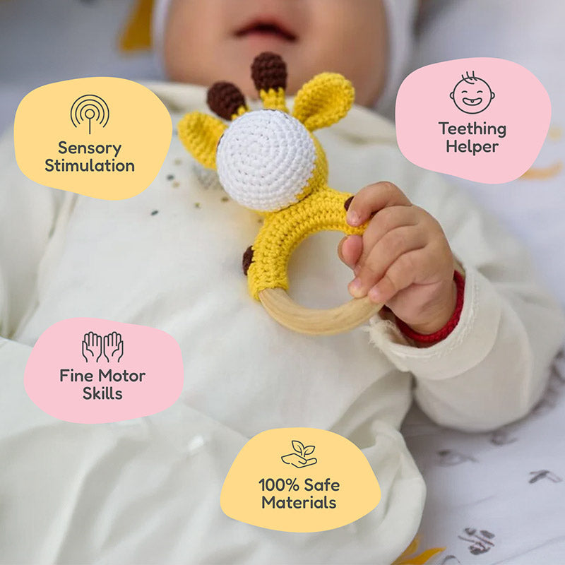Wooden Baby Rattles Set with Crochet Giraffe Teether