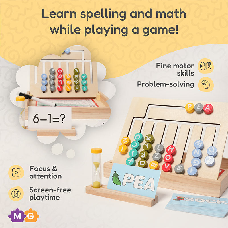 Math Learning Game with Abacus Maze and Spelling Cards
