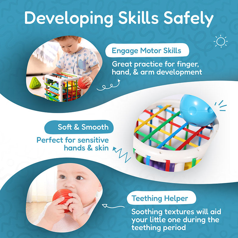 Shape Sorting Toy with 6 Textured Blocks and Elastic Strings