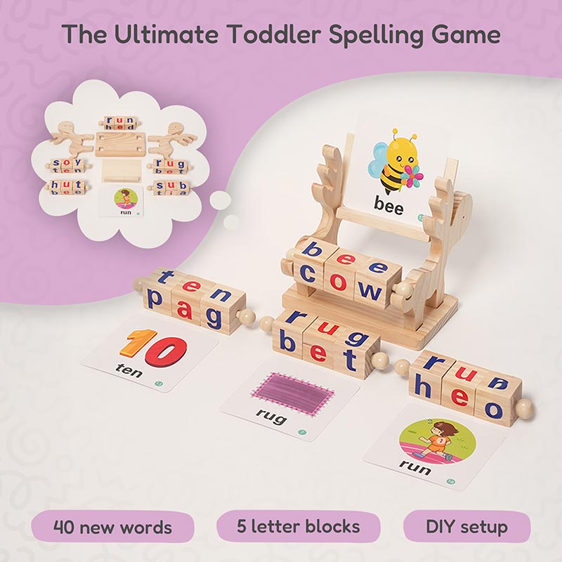Spelling Learning Toy with Rotating Wooden Blocks and Cards