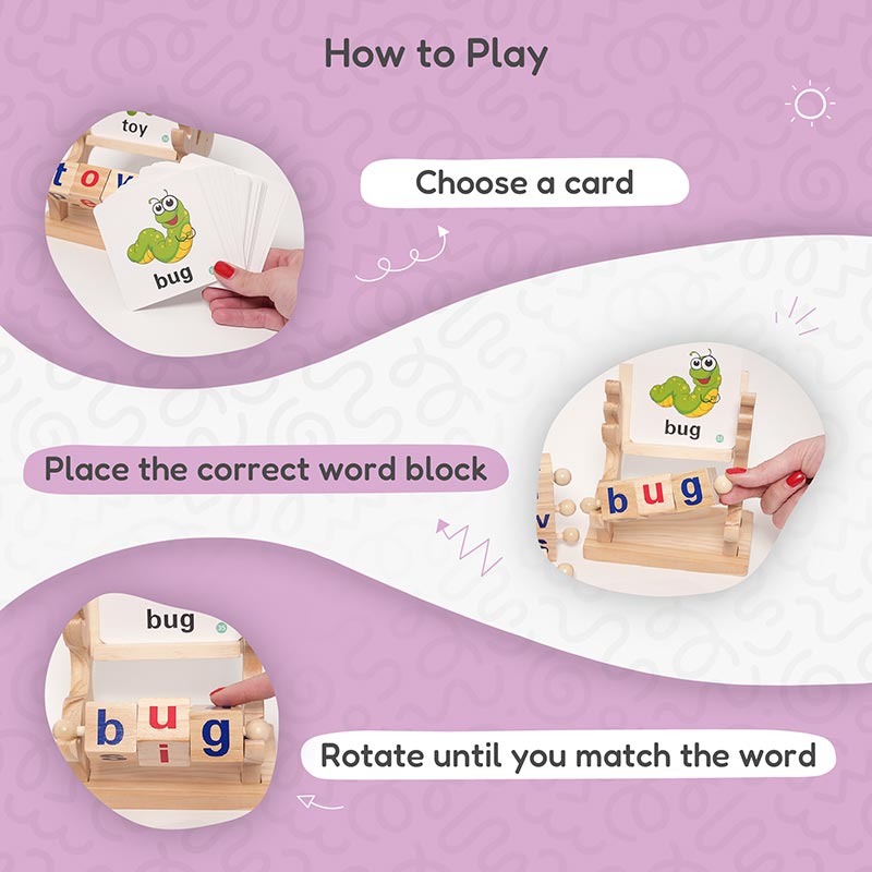 Spelling Learning Toy with Rotating Wooden Blocks and Cards