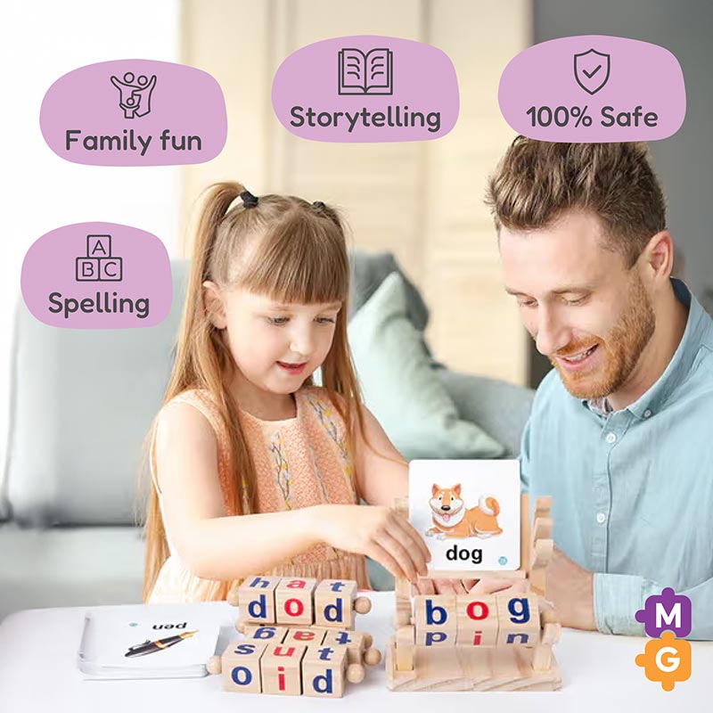 Spelling Learning Toy with Rotating Wooden Blocks and Cards