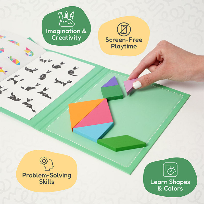 Tangram Puzzle Book with Magnetic Wooden Pieces for Kids