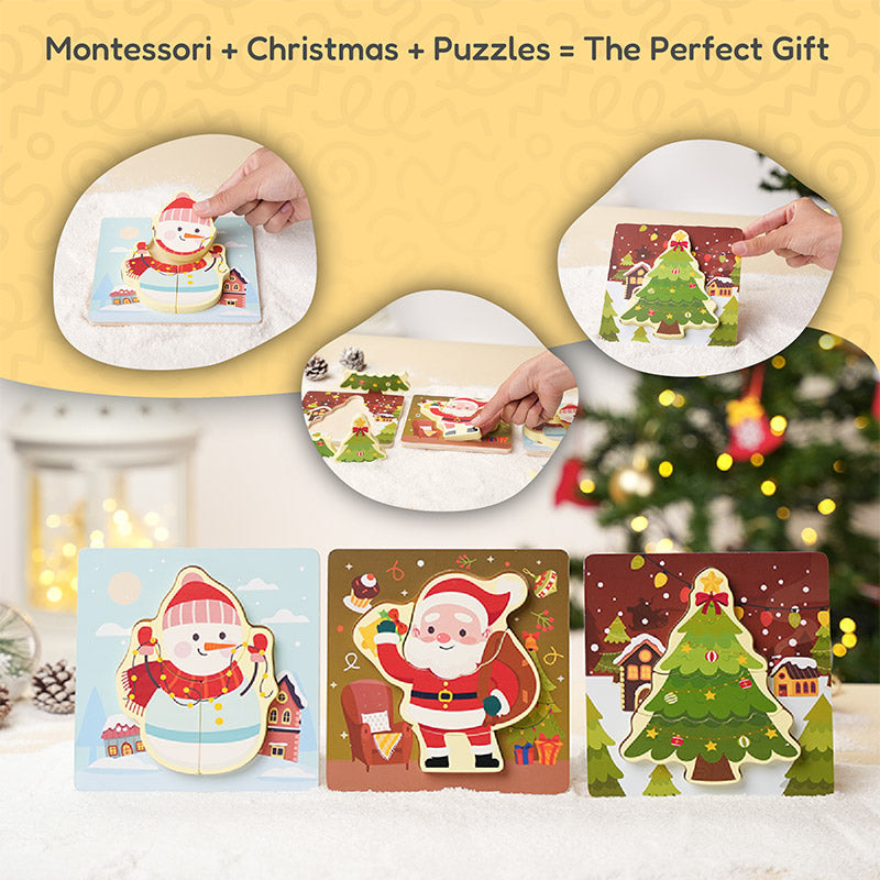 Christmas Wooden Puzzles, 3-Piece Toddler Set