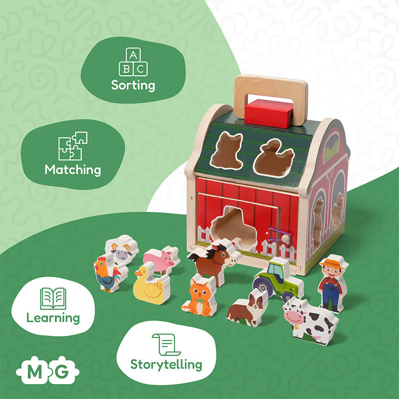 Wooden Shape Sorter Barn with 10 Farm Figurines