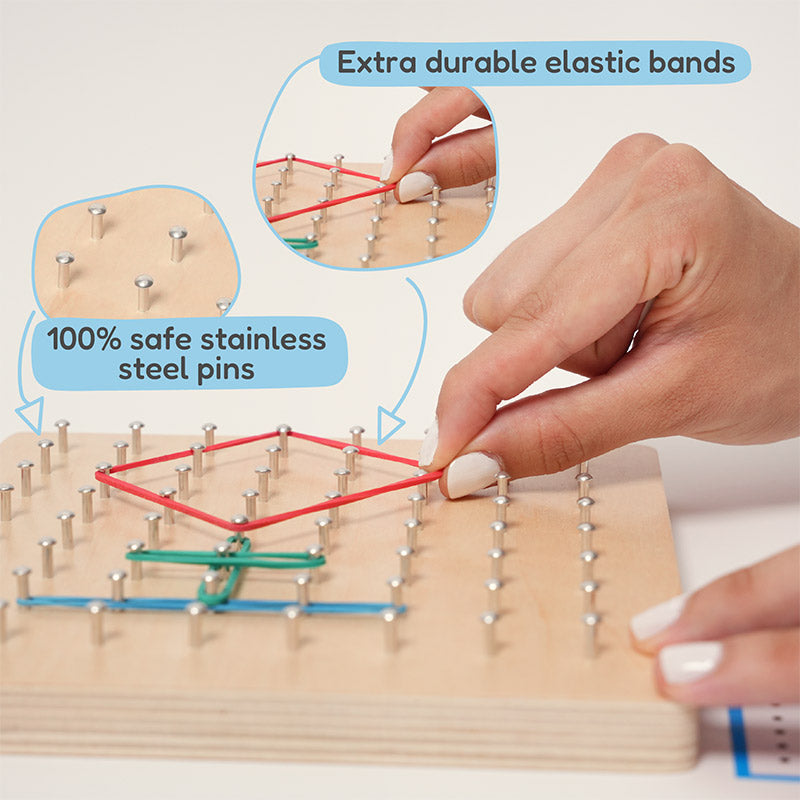 Wooden Geoboard with Rubber Bands and Pattern Cards