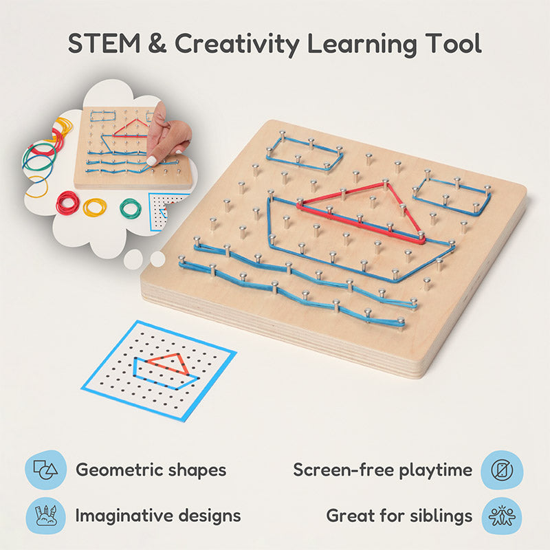 Wooden Geoboard with Rubber Bands and Pattern Cards
