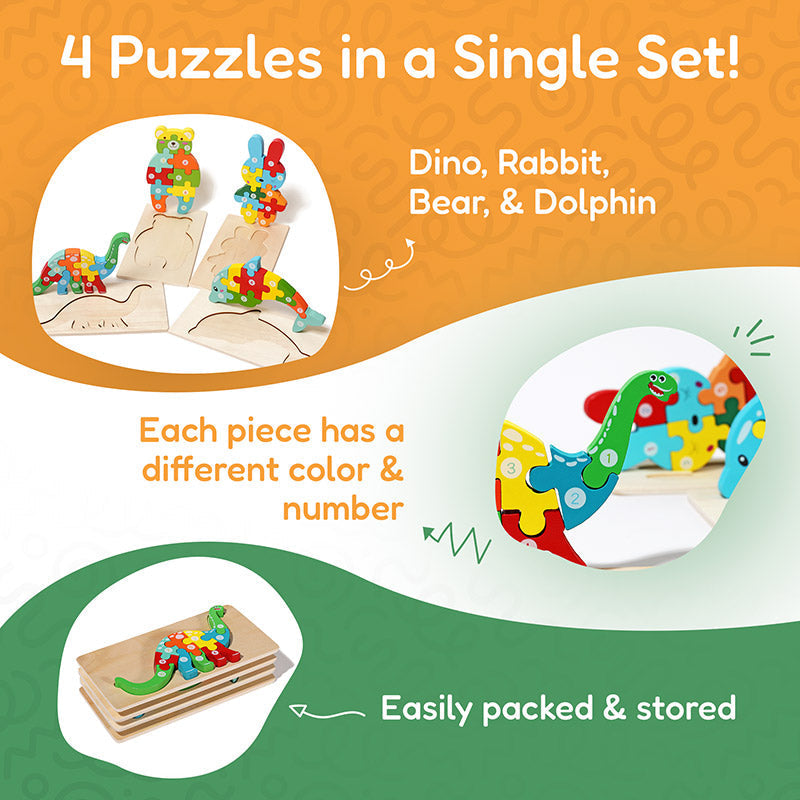 Wooden Animal Puzzles with Numbered Pieces, 4-Pack Set