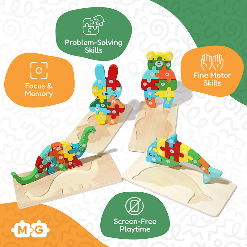 Wooden Animal Puzzles with Numbered Pieces, 4-Pack Set