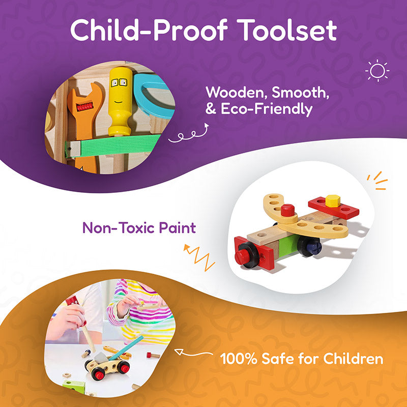 Wooden Toolbox Toy with 35 Colorful Tool and Building Pieces